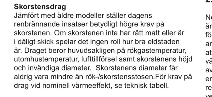 Bild på en manual som diskuterar skorstensdrag och krav på skorstensinsatser med fokus på diameterspecifikationer.