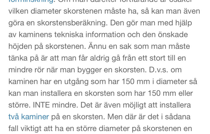 Skärmdump av text från ett forum som diskuterar diametern på rör i en skorsten relaterad till installation av kaminer.