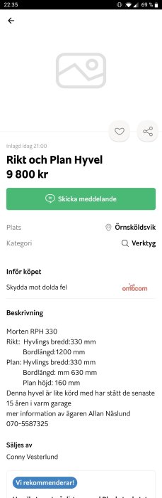 Annonssida för begagnad Rikt och Plan Hyvel med pris och kontaktuppgifter.