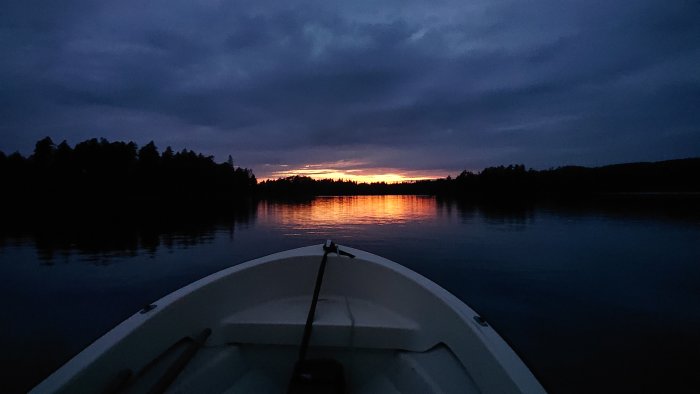 Vy från en båt mot en skogssilhuett vid en sjö under en färgrik solnedgång.