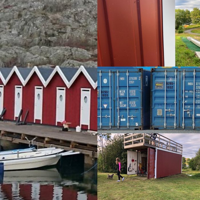 Collage av traditionella sjöbodar, röd väggplåt, två blåa fraktcontainers med påbyggnad och person som går med hund.
