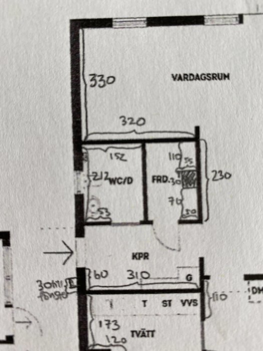 Ritning av badrum med måtten 152x212 cm, inkluderande toalett, dusch och handfat.