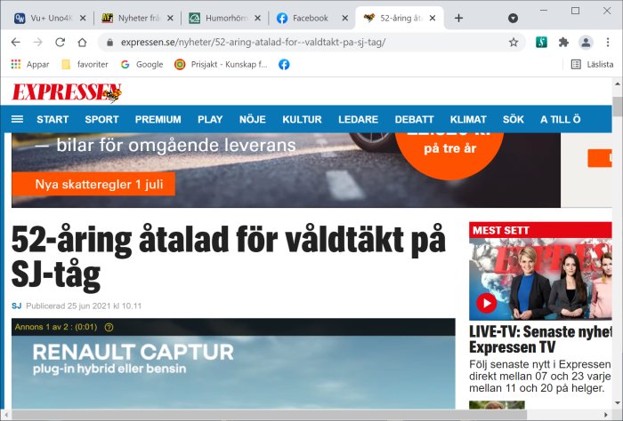 Skärmbild av en nyhetsartikel på Expressen med rubriken "52-åring åtalad för våldtäkt på SJ-tåg".