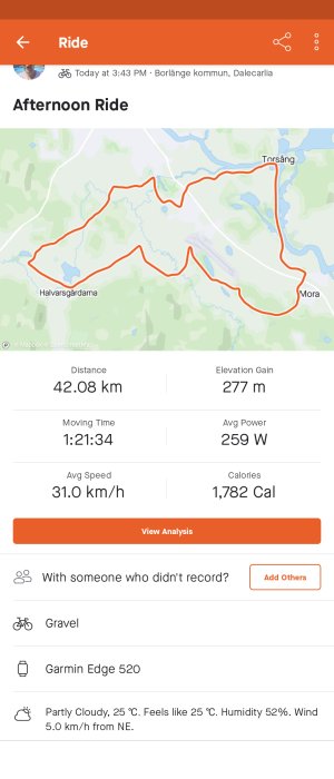 Skärmavbild av en cykeltursträckning på en karta med distans, tid, hastighet och kaloriförbrukning.