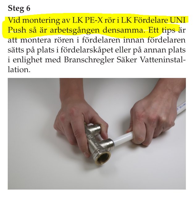 Händer som monterar ett LK PE-X rör i en LK Fördelare UNI Push under steg 6 av installationsprocessen.