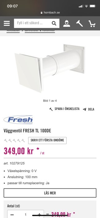 Väggventil FRESH TL 100DE för husventilation i vit design på webbshop.