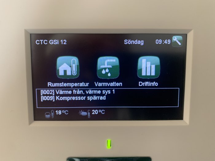 Display för värmepump CTC GSi 12 som visar rumstemperatur 18°C, varmvatten 20°C och driftinformation.