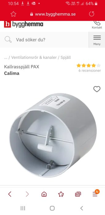 Kallrasspjäll från PAX för Calima ventilation, grått halvrunt rör med inre spjäll och gummilist.