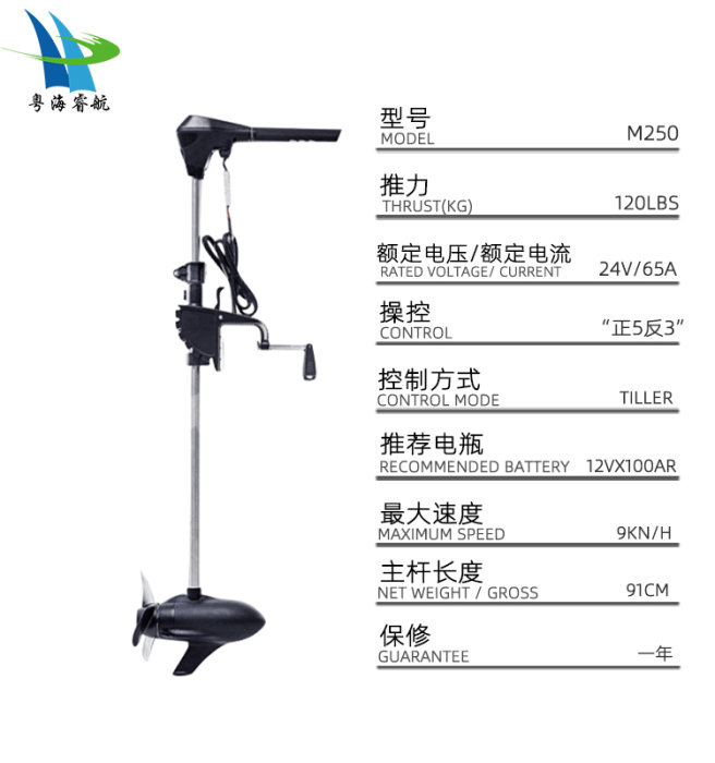 Elektrisk utombordsmotor modell M250 med tekniska specifikationer på kinesiska och engelska.