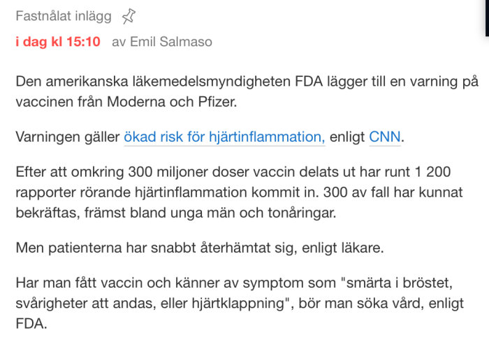 Skärmdump av ett foruminlägg om FDA-varning för hjärtinflammationsrisk med Moderna och Pfizer vaccin.