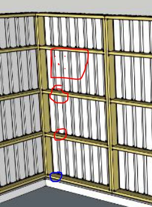 Illustration av ett garage med markerade väggsektioner för planering av elinstallation och dimensionering av slang.