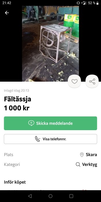 Använd begagnad fältässja som säljs för 1 000 kr i en verkstadsliknande miljö.