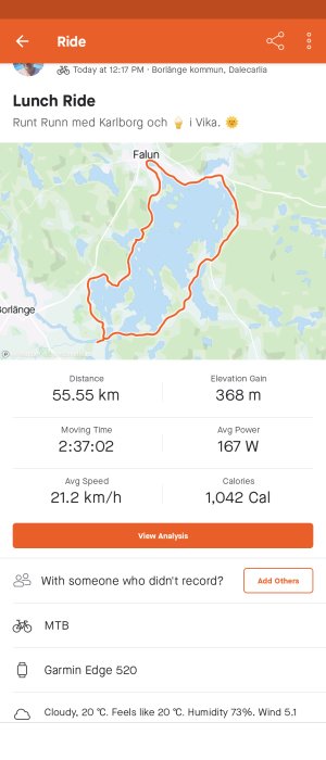 Cykelrutt på karta, 55,55 km distance, 368 m höjdskillnad, statistik från cykeltur.