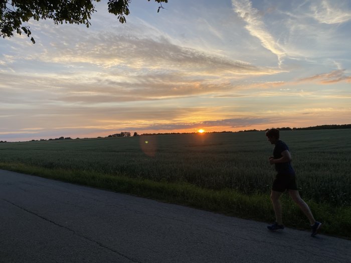 Person som joggar längs en landsväg vid solnedgång med fält i bakgrunden.