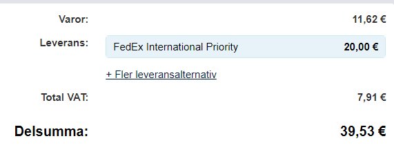 Skärmbild av en online-faktura med varor kostandes 11,62 € och FedEx-leverans för 20 €.