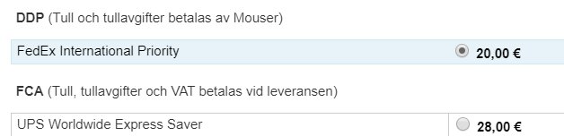 Skärmdump av fraktalternativ med priser i euro för leverans av elektronikkomponenter.