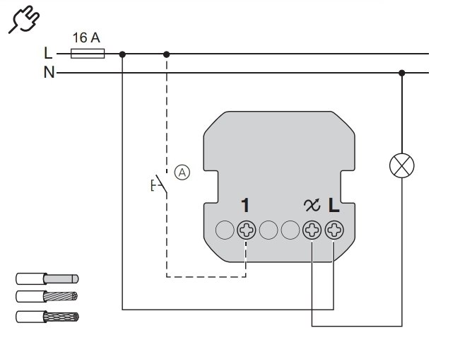 Schematisk illustration av en Schneider Wiser dimmerinstallation med markerade ledningar och anslutningspunkter.