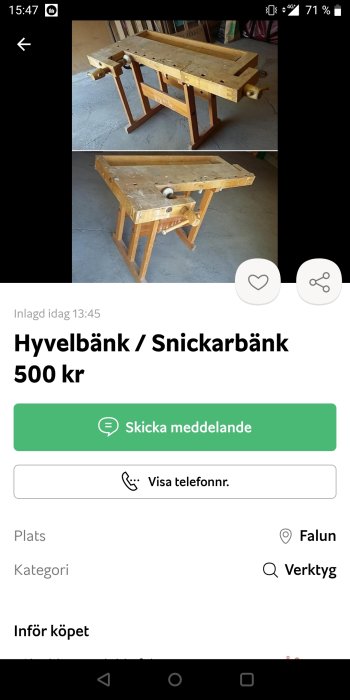 Använd hyvelbänk av trä med skruvstäd och anslag, i en verkstadslokal.