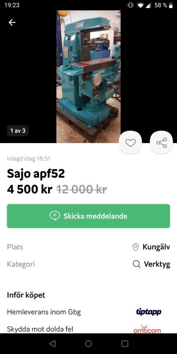 Blå Sajo apf52 verktygsmaskin till salu, står på ett betonggolv i ett verkstadsutrymme.