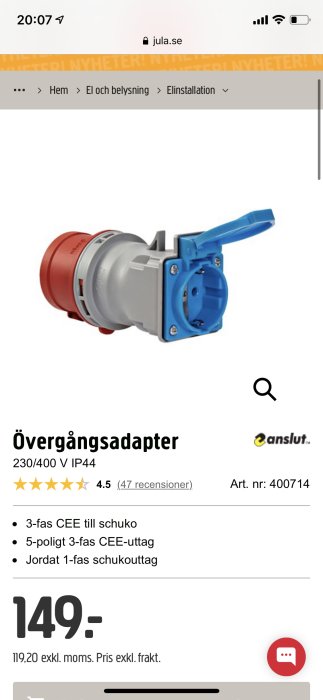 Övergångsadapter för 3-fas CEE till schuko, 230/400V IP44, med 5-poligt 3-fasuttag och jordat 1-fas schukouttag.
