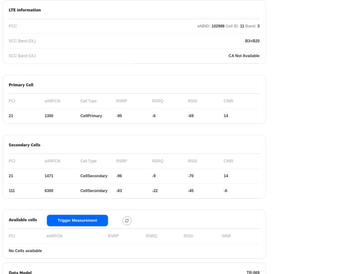Skärmdump av LTE-nätverksinformation som visar signalstyrka, kvalitet och inga tillgängliga sekundära celler.