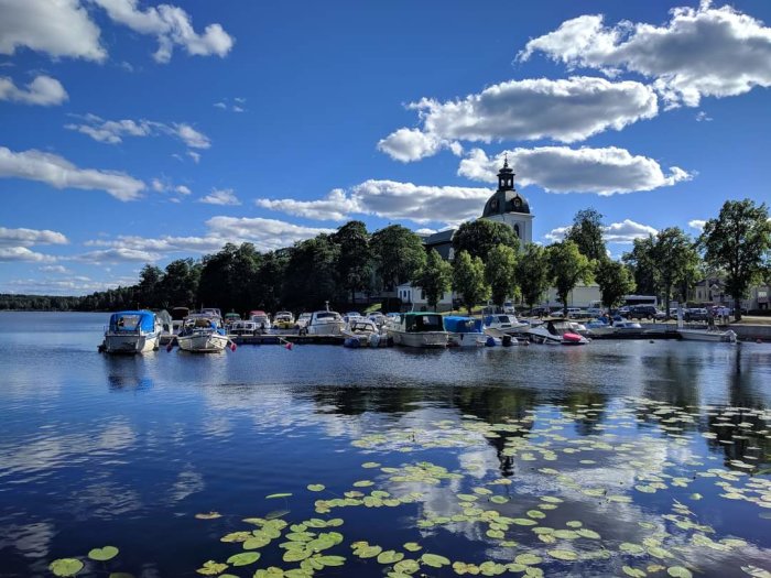 Vy över Filipstads marina med båtar, kyrkan i bakgrunden och näckrosor i förgrunden.
