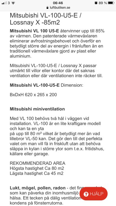 Skärmdump av webbsida med information om Mitsubishi VL-100-U5-E Lossnay X miniventilation.