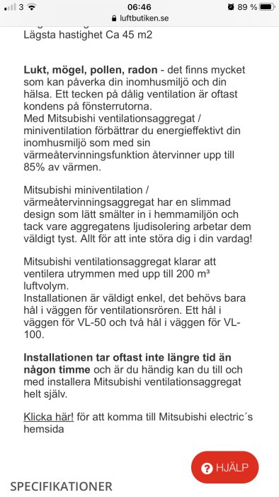 Skärmdump av en webbsida som diskuterar Mitsubishi LV 100 miniventilationssystem med detaljer om funktion och installation.