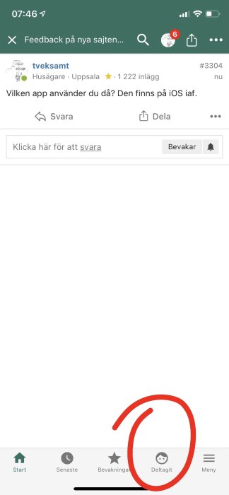 Skärmdump från en diskussionstråd i ett forum med markerad meny för att visa att appen finns på iOS.