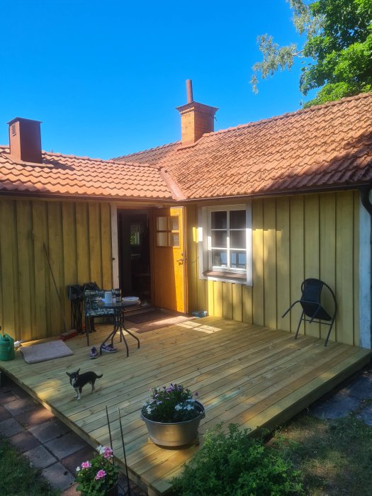 Nybyggd träaltan framför hus med ojämnt sluttande tak och litet utrymme ovanför dörren, en hund på altanen.