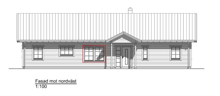 Ritning av en husfasad mot nordväst med markerat fönster där spröjsen inte är i linje med övriga fönster.
