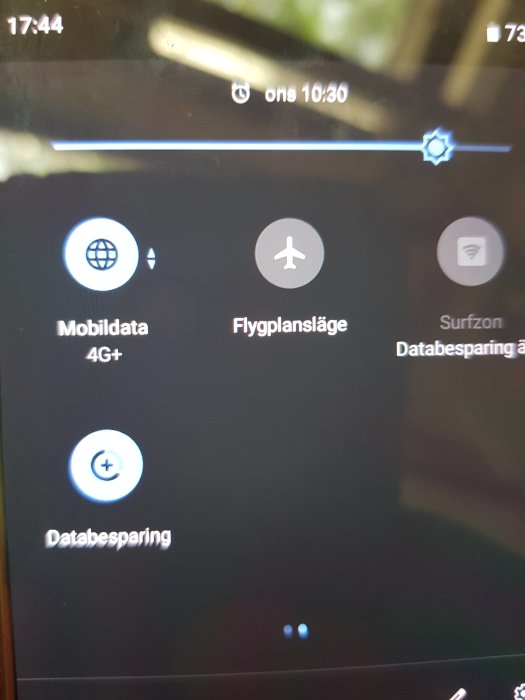 Skärmdump av en äldre mobiltelefons inställningsmeny med ikoner för mobildatatillgång och flygplansläge.