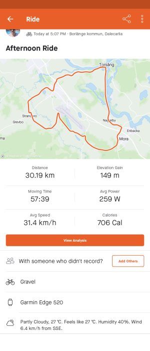 Cykelappskärmdump som visar rutt, sträcka 30,19 km, höjdskillnad 149 m, och övrig statistik.