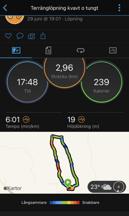 Skärmklipp av en aktivitetsapp som visar statistik och karta över en terränglöpning på 2,96 km.