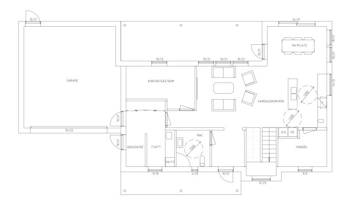 Arkitektritad skiss över en planlösning för ett hus på 200 kvm med garage, kontor, vardagsrum och kök.