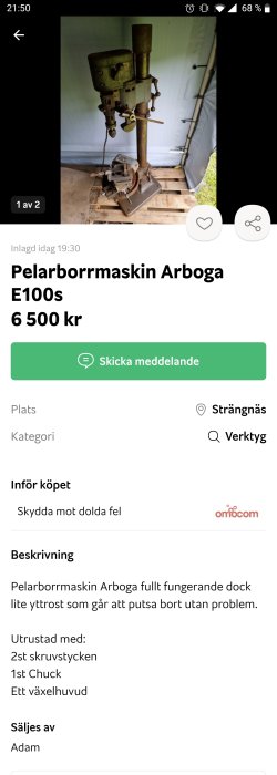 Begagnad pelarborrmaskin Arboga E100s med två skruvstycken och chuck, lite rost som går att putsa bort.