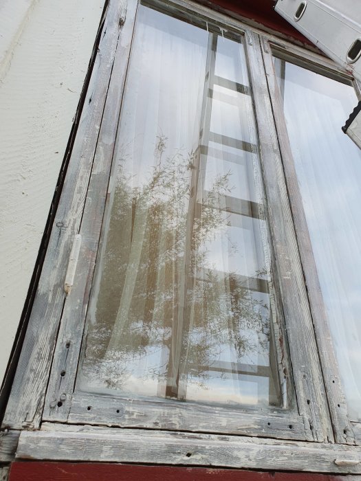 Renoveringsprojekt av fönster med träram under behandling, skrapat och oljat för att förbättra hållbarheten.