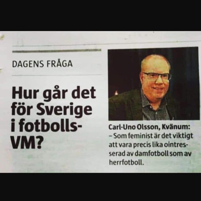 Utklipp från tidning med rubriken "DAGENS FRÅGA" och citat om fotbollsintresse.