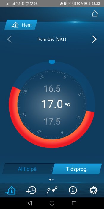 Mobilapplikationens gränssnitt med temperaturinställning på 17.0°C och alternativen "Alltid på" och "Tidsprog.