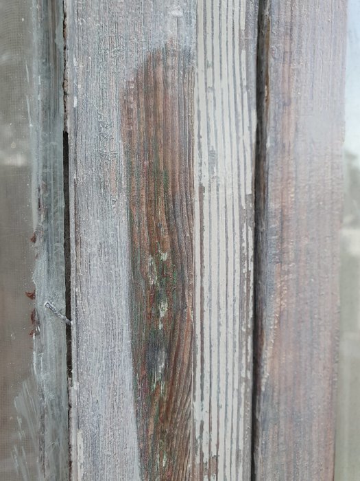 Närbild på nederdelen av ett fönster med spår av tidigare silikonkitt och initial inoljning synlig på träets yta.