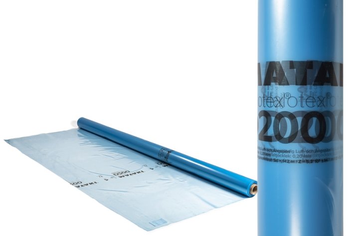 Rulle med blå Mataki D200 ångspärr mot vit bakgrund.