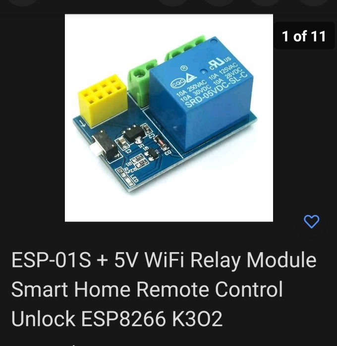 ESP-01S med ett 5V WiFi-relämodul för fjärrstyrning av smarta hem, visar kretskort och relä.