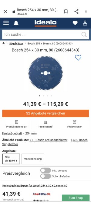 Bosch klinga för bordssågar, 254 x 30 mm, 80 tänder, på en produktjämförelsesida med prisintervall.