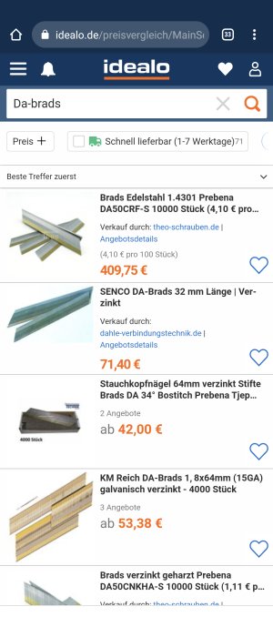 Sökresultat på Idealos webbplats visar olika typer och priser av DA-brads (stift) för byggprojekt.