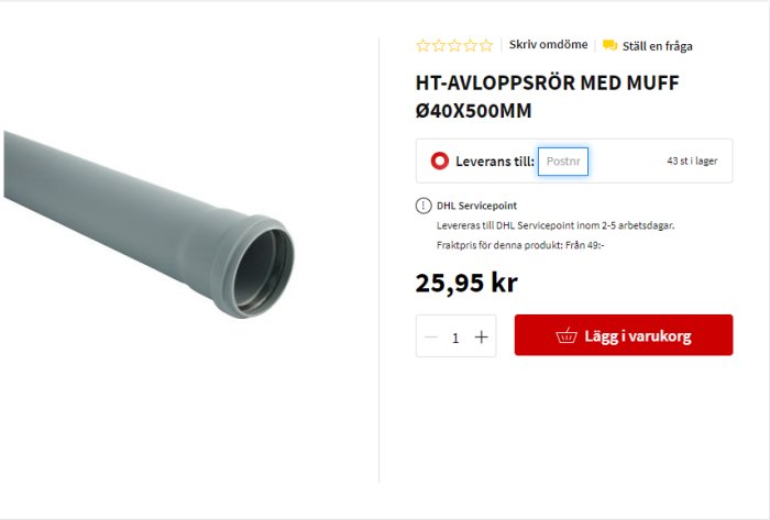 HT-avloppsrör med muff på produktbild visas med prisinformation, 25,95 kr, och köpknapp.