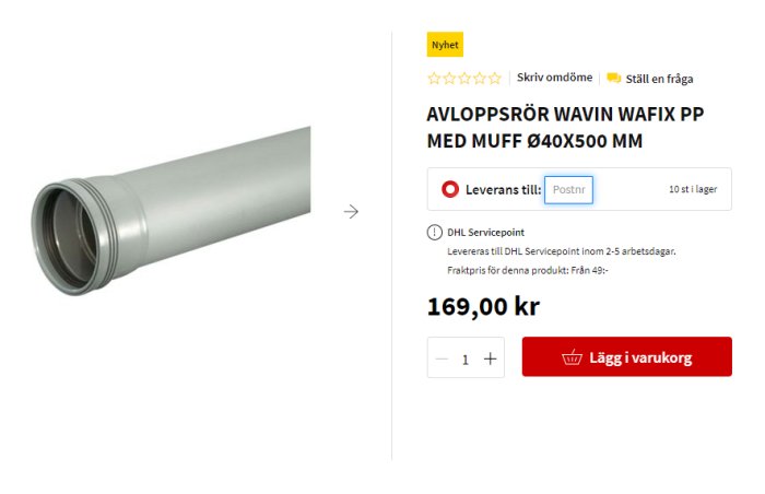 Avloppsrör Wavin Wafix PP med muff, ø40x500 mm, pris 169 kr.