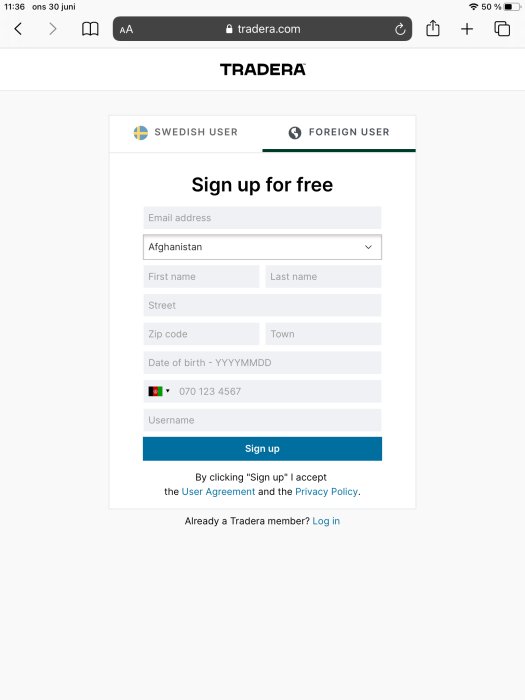 Skärmdump av Tradera registreringsformulär med "Afghanistan" valt som land.