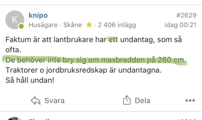 Skärmdump av foruminlägg om undantag för jordbrukare gällande fordonens maxbredd enligt Trafikförordningen.