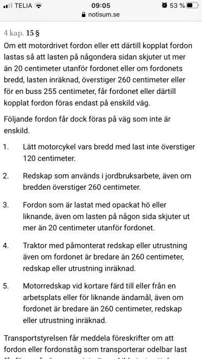Skärmdump av en lagtext från Notisum om begräsningar för fordon och lasters bredd på vägar.