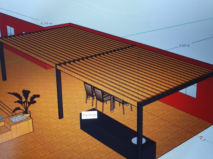 3D-rendering av en planerad pergola på en altan med måttangivelser 4x9,3 meter.